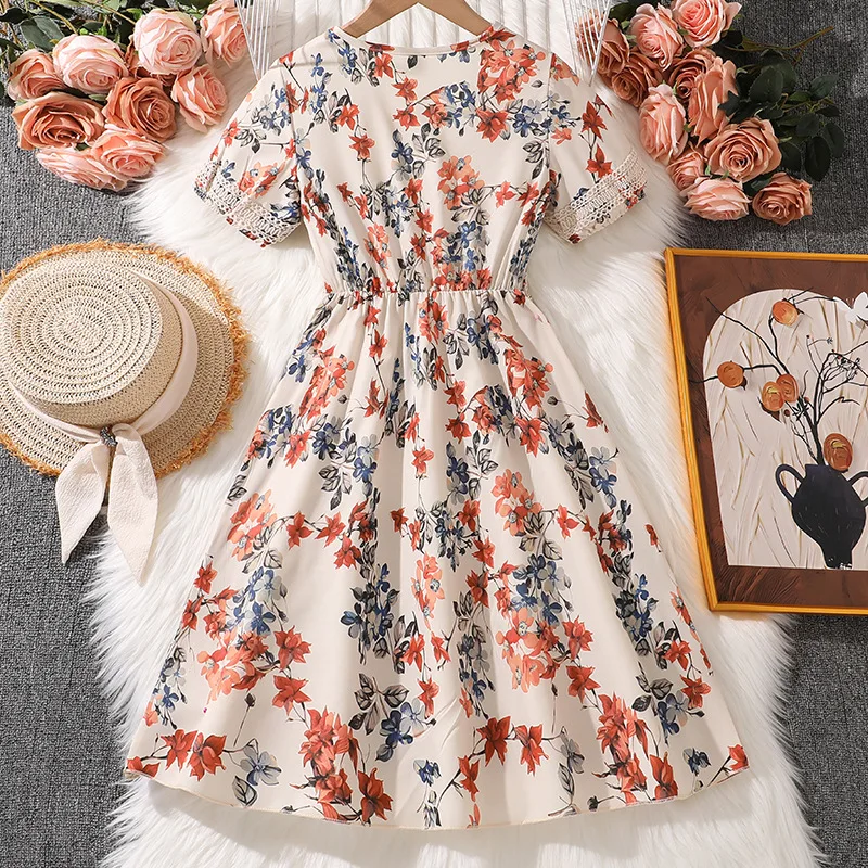 

Fashion Elegant Princess Dress Summer Teen Girls Retro Dress Full Print Flower V-Neck Short Sleeveless Dress For 8-12Y Girls