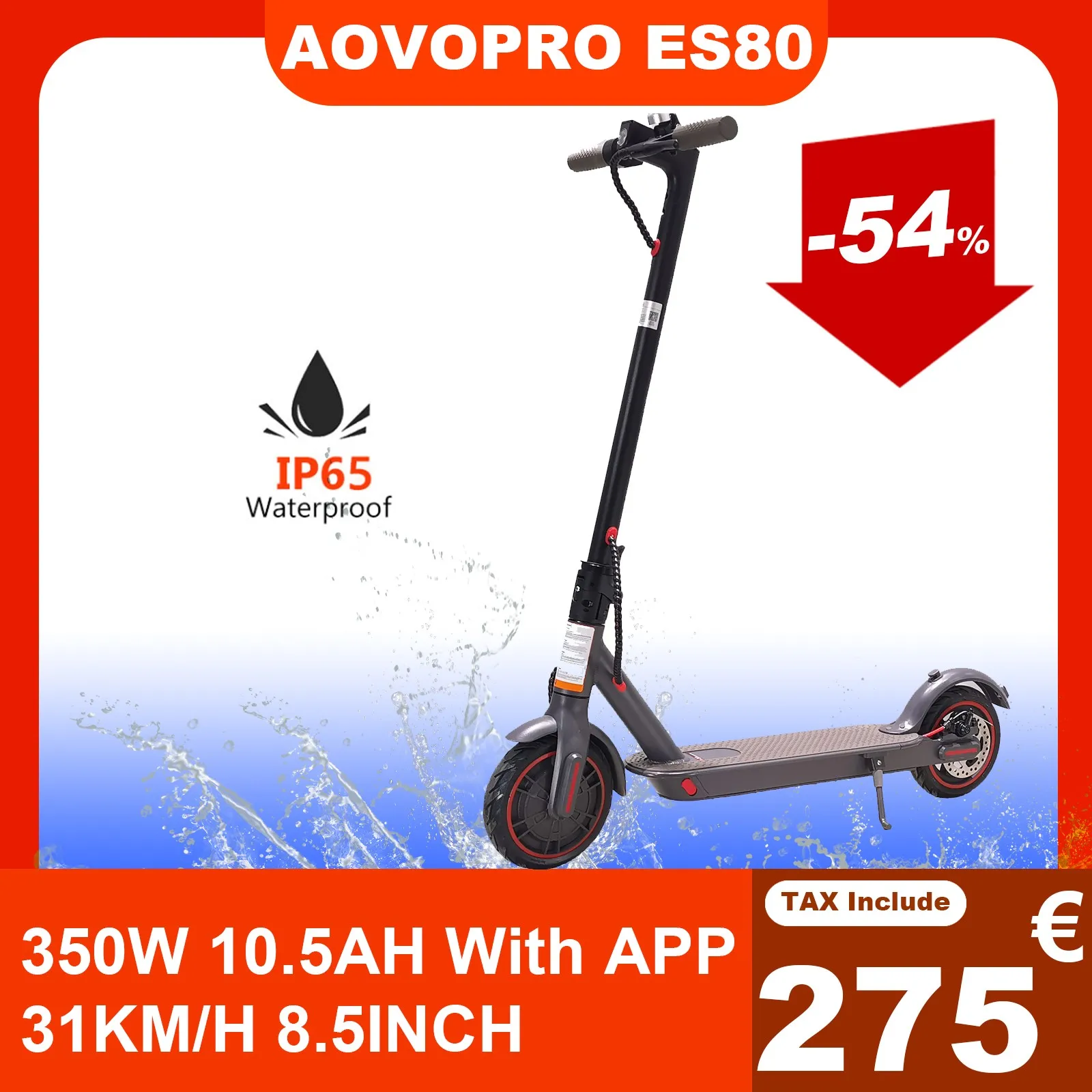 AOVOPRO ES80 10.5AH Electric Scooter 350W Motor 31KM/H Folding Electric Kick Scooter Adults Scooter with 8.5Inch Off Road Tire