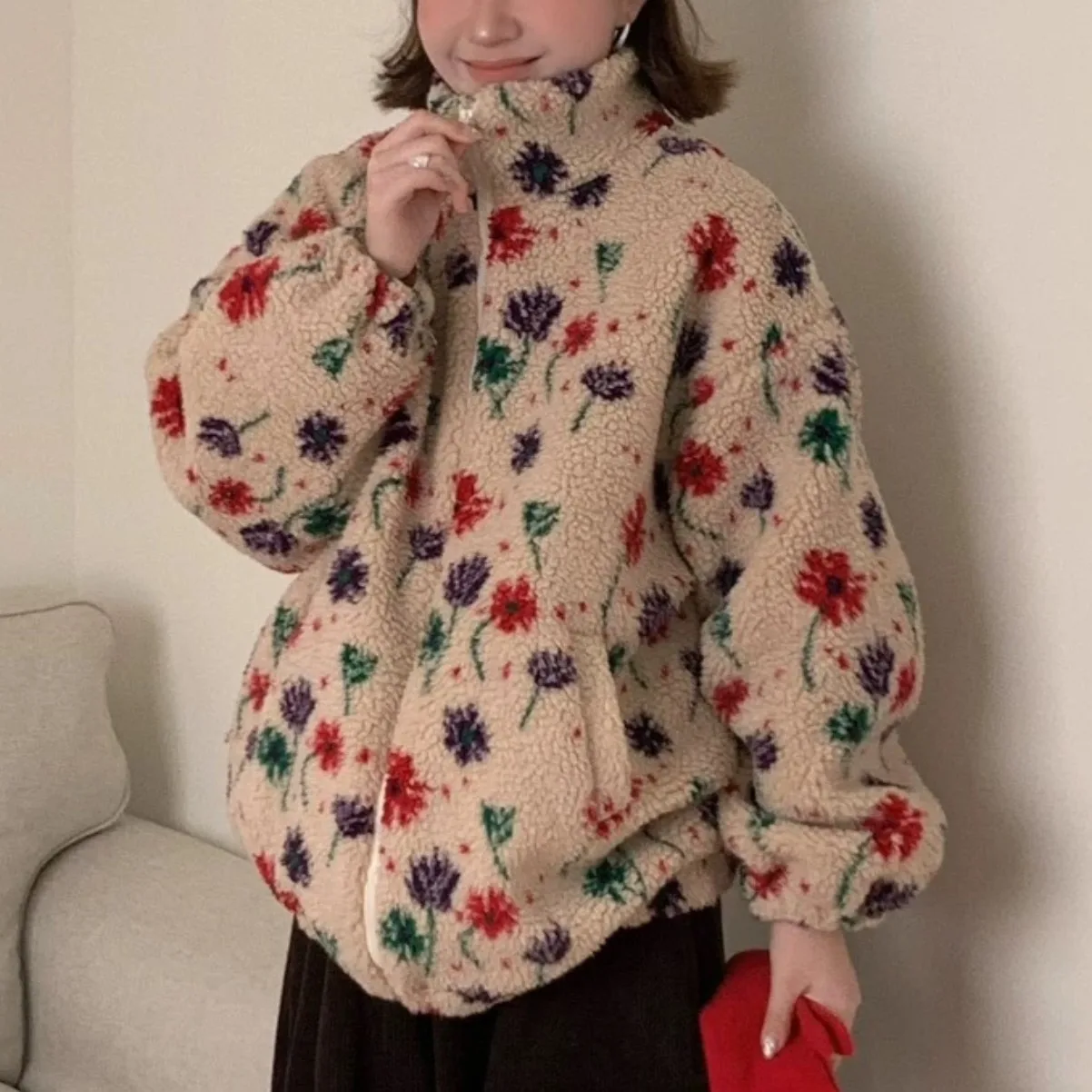 

Шикарное осенне-зимнее пальто из меха ягненка, женское хлопковое пальто на молнии с цветочным узором Agel, винтажное корейское прямое пальто