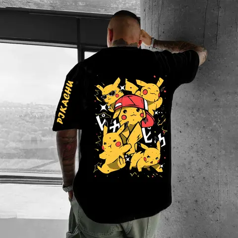 Pokémon Animation Derivatives Pikachu Tryck T-shirt Herr Dam Sommar 2025 Oversize Löst Bomull Gatu Trend Märketopp 8 best sales Pikachu T-shirt - №4