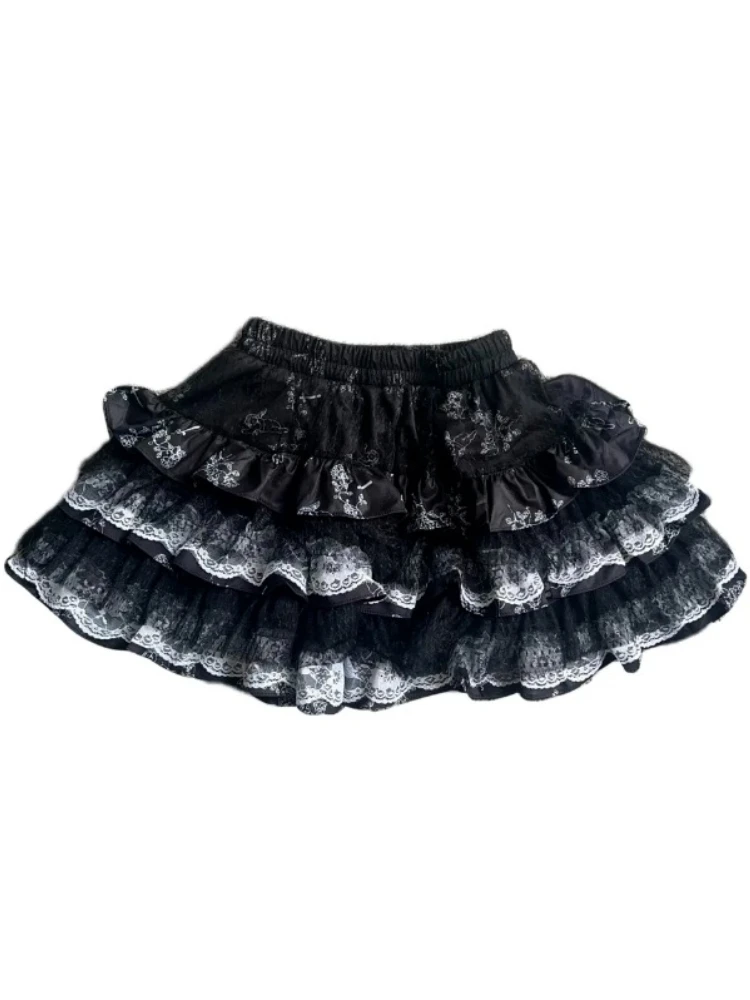 

Japanese Sweet Y2k Mini Skirts Women Subculture High-waisted Print Cute Skirt Summer 2025 Fashion Patchwork Lace A-line Clothing