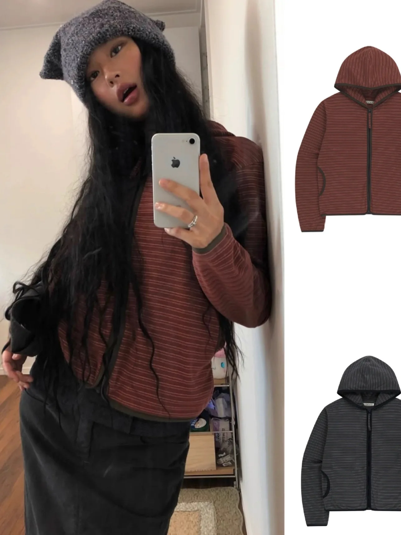 

Soft Touch Japanese Style Hooded Zipper Long Sleeve Casual Striped Top Women's Fashion Soft Cozy Feel Outerwear
