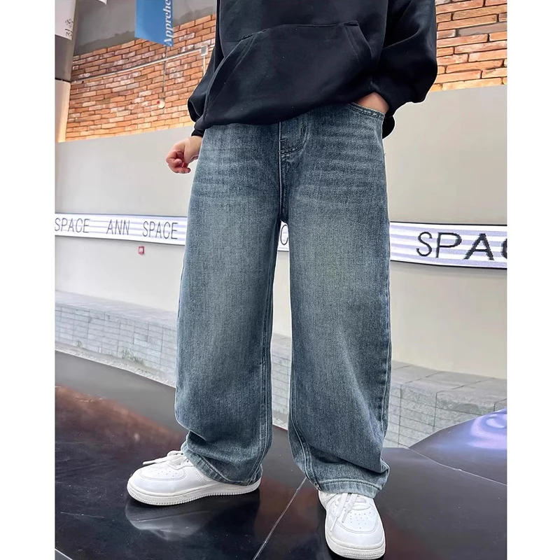 5-14Y Boys Jeans Pants Spring Kids Wide Leg Straight Trousers Autumn Loose-Fit Casual Trousers Children's Trendy Sweatpants image 4