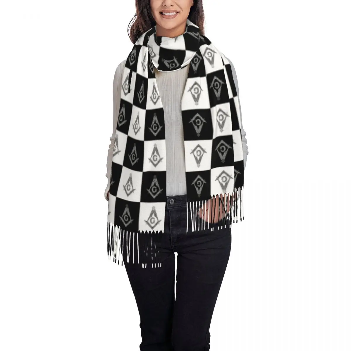 Écharpe à motif à carreaux franc-maçon pour hommes et femmes, imprimé personnalisé, noir et blanc, écharpes chaudes d'automne d'hiver, châles Wraps