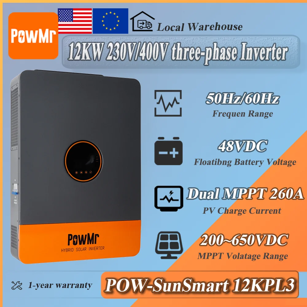 PowMr 12KW 48V Inverter 230V/400V Three Phase Max PV 800V With MPPT 260A Up to 6 Units Parallel Pure Sine Wave Inverter USAstore