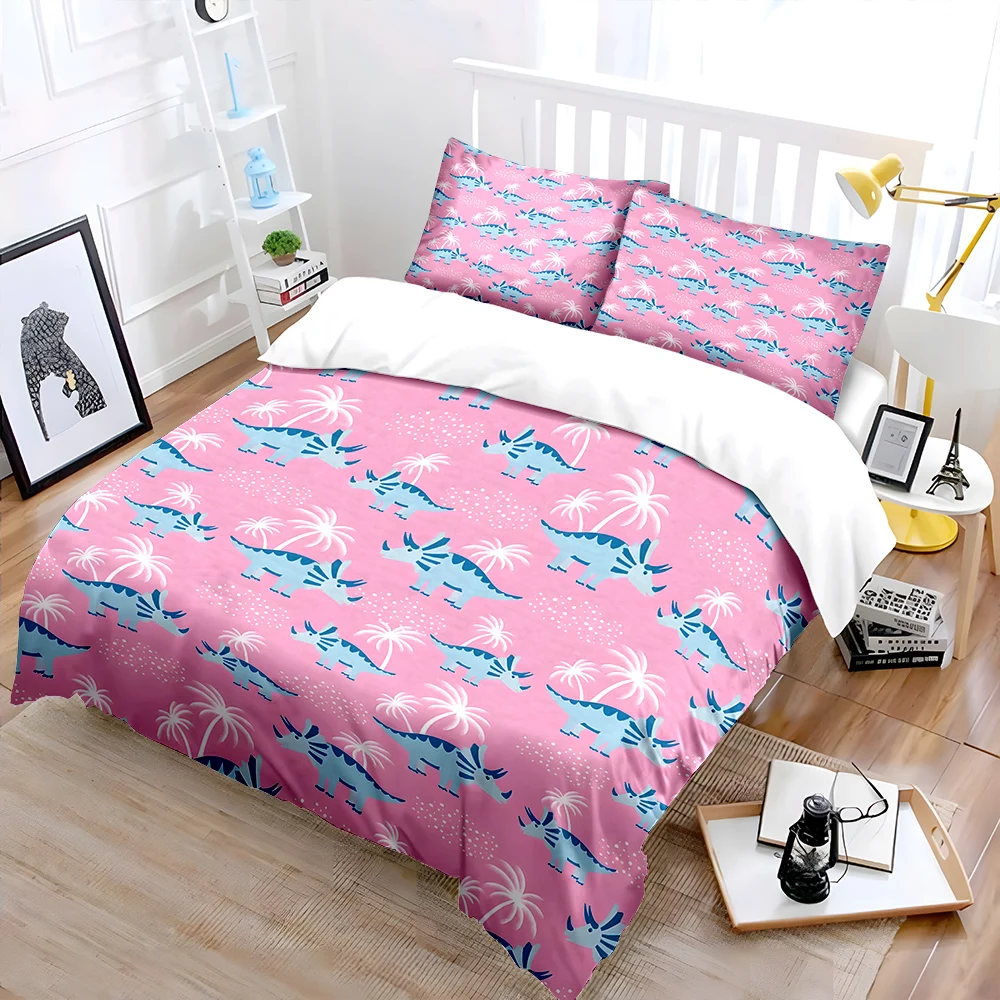 Pink background blue dinosaur pattern Bedding Set for Kids Luxury Gift 3pcs Digital Print Comforter Set Soft Comfortable