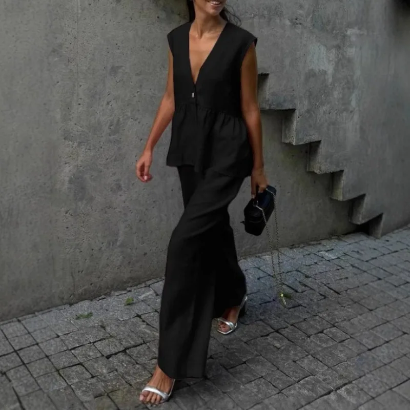 

Women's European American V Neck Sleeveless Peplum Vest And Wide Leg Pants Two Piece Linen Cotton Set For Summer