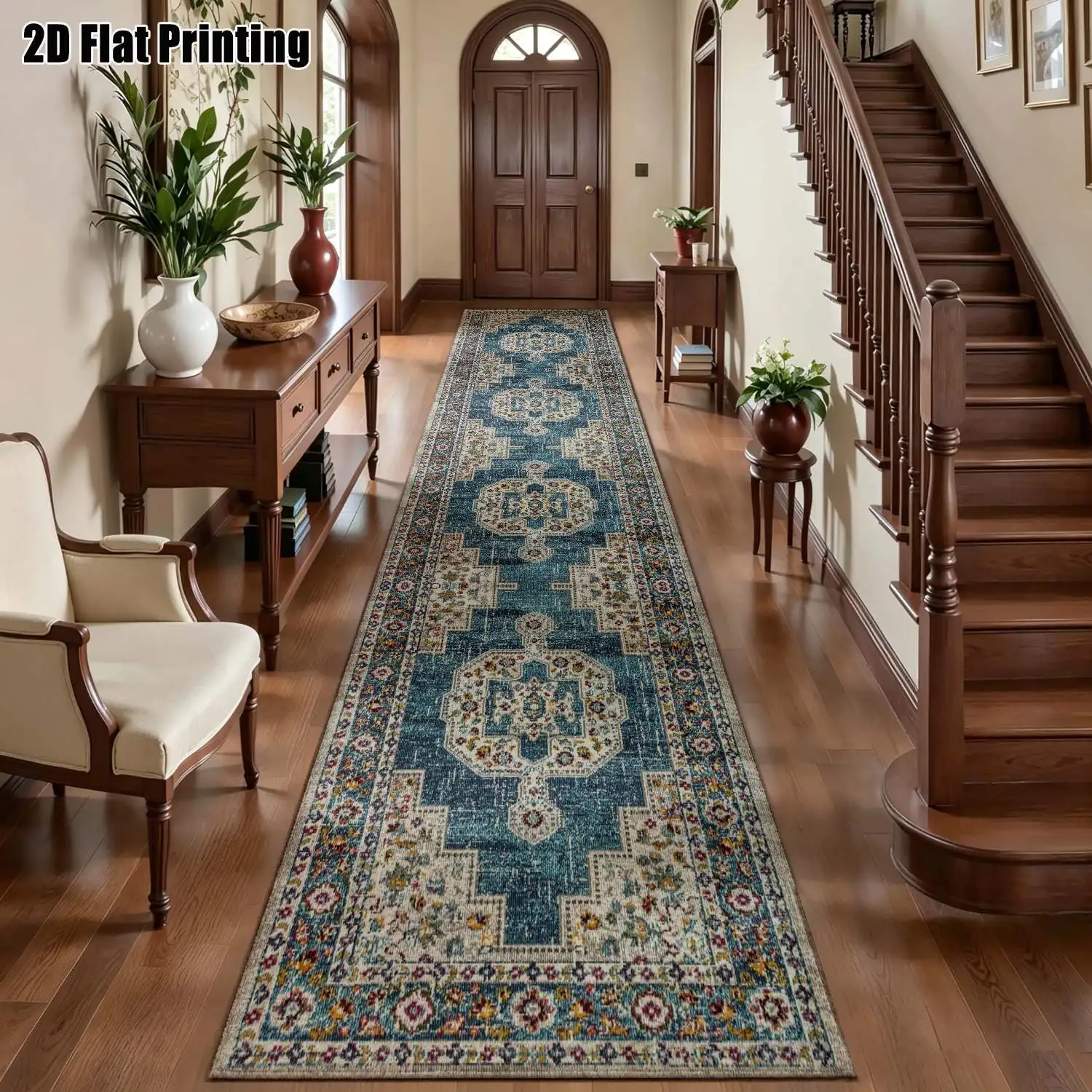 1Pc 2D Printed Long Strip Rug Blue-White Retro Geometric Pattern, Multi-Style, Multi-Size, Machine Washable, Ideal for Entrance, Hallway, Living Room, Bedroom Home Decor.