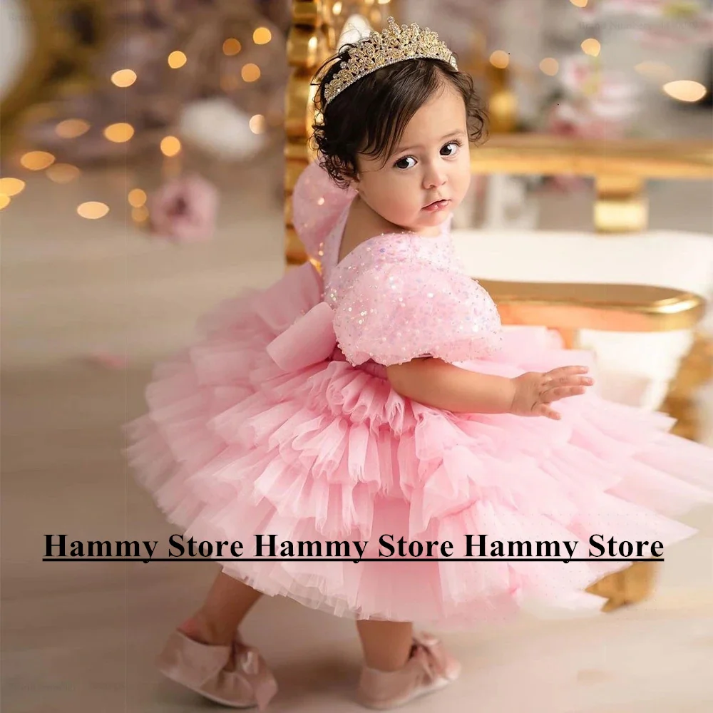 

Cute Pink Flower Girl Dresses Short Princess Sleeves Jewel Neck Beading Sequin Tiered Tulle Party Gown First Communion Dress