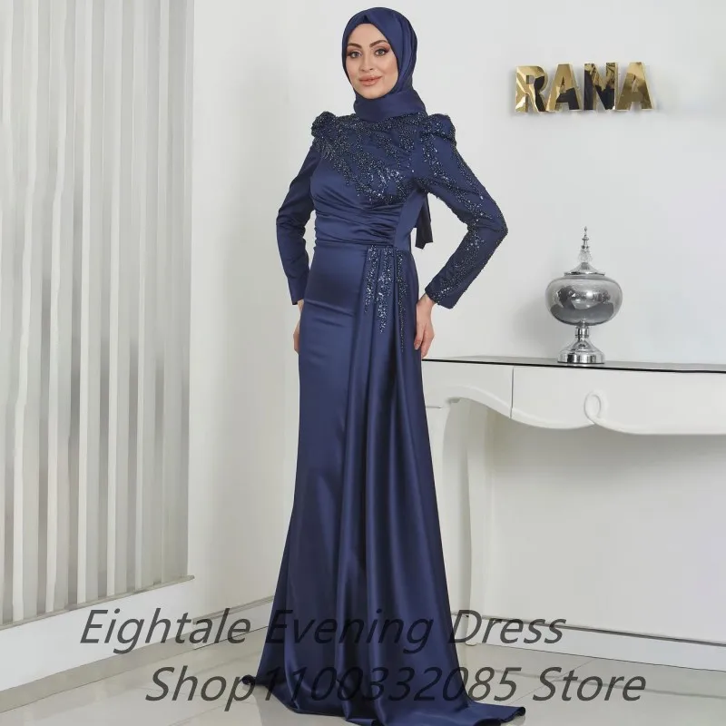 Eightale Customized Navy Blue Prom Dress Mermaid Long Sleeve Sequins Evening Dress Abiye Formal Party Gown Vestidos de gala