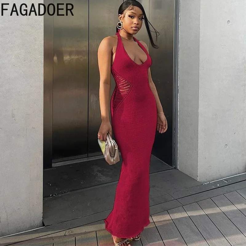 فستان ماكسي مثير منسوج من FAGADOER للنساء بلون سادة ورقبة رسن وخصر عالي فساتين ضيقة عصرية للعطلات