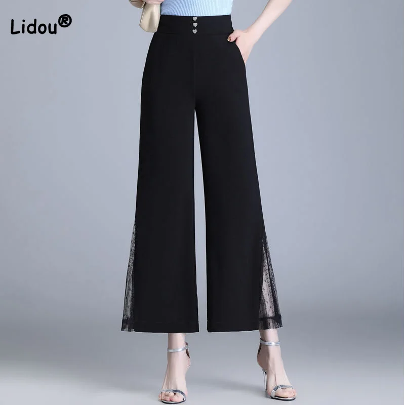 

100% Chiffon Seven Points Wide Leg Pants Women Summer Black All-match Elastic Waist Patchwork Lace Pockets Nine Points Trousers