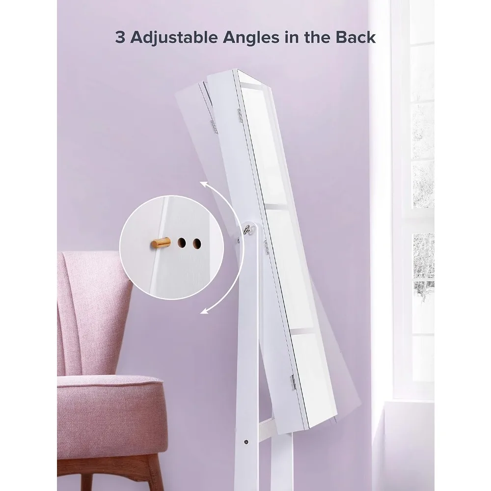 Jewelry Cabinet with Full-Length Mirror, Standing Lockable Jewelry Armoire Mirror Organizer, 3 Angel Adjustable, White