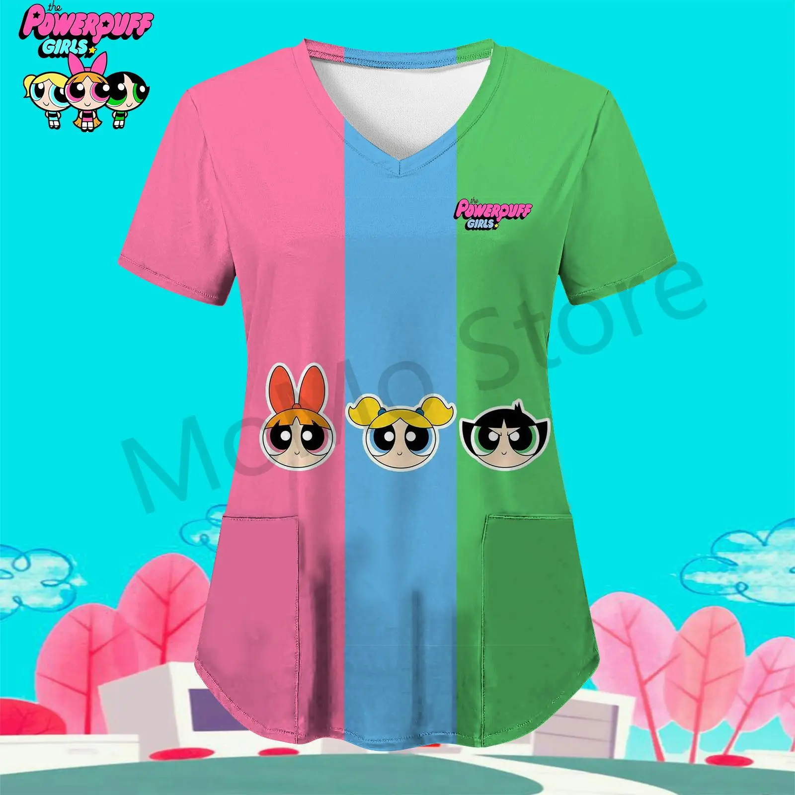 Pocket Women's Nurse Uniform T-Shirt The Powerpuff Girls Leisure Cheap Clothes Lovely Sale Tops 3D Print Streetwear S-2XL V Neck