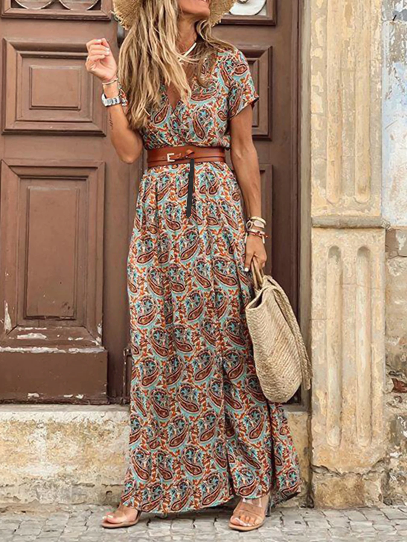 Women's 2023 Floral Summer Dress Wrap V Neck Short Sleeve Belted Ruffle Hem Bohemian Maxi Sun Dresses with Belt A Black