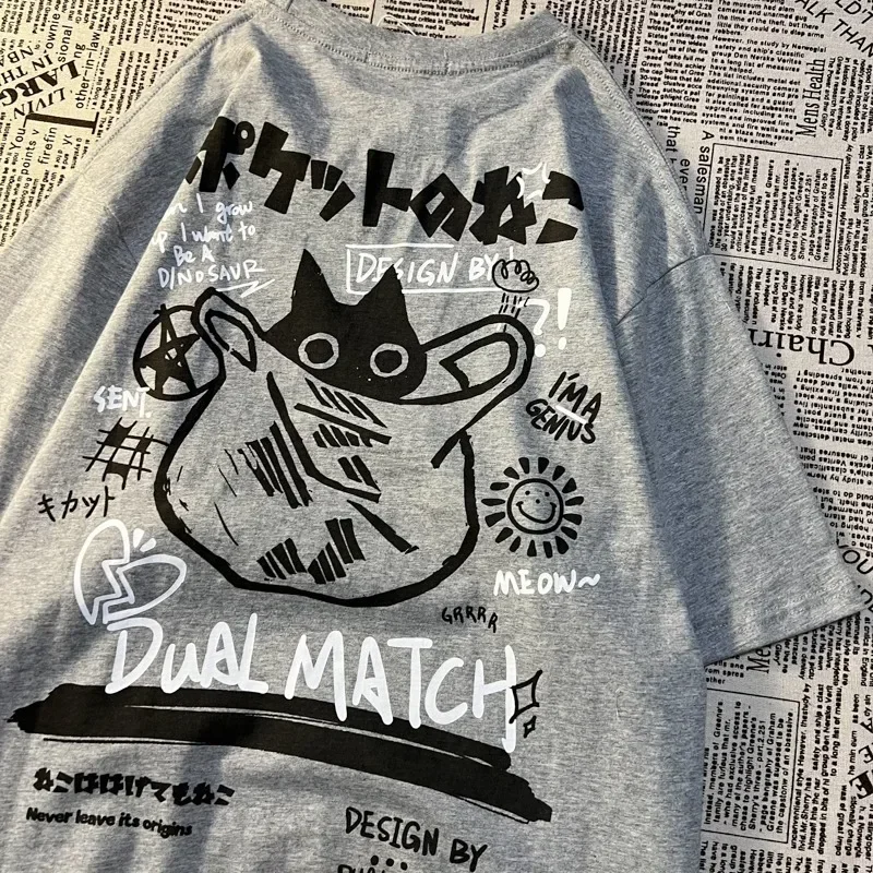 T-shirt da donna Cartoon 2024 Summer Harajuku Kawaii Cat Printed magliette a maniche corte coppia femminile Streetwear vestiti larghi Y2K top