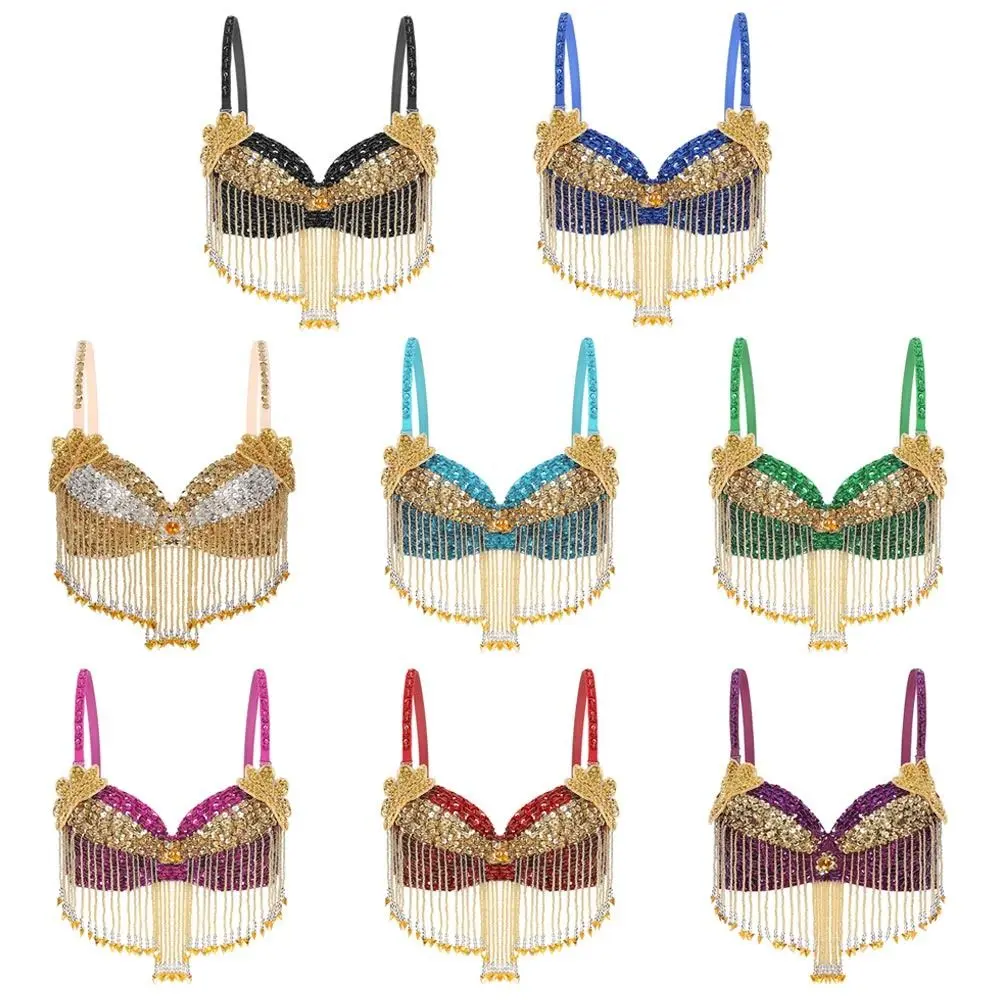 Affascinanti nappe con perline Top di danza del ventre Lucido discoteca Reggiseno con ferretto Cinghie regolabili Reggiseno scintillante da palcoscenico da donna