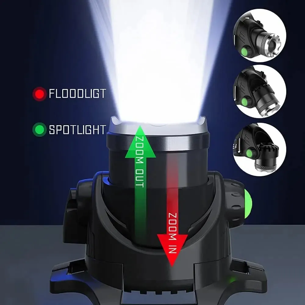 Poderoso farol de LED XHP50, farol USB, lâmpada principal impermeável, 18650 luz, tocha principal, lanterna para camping, pesca, D2