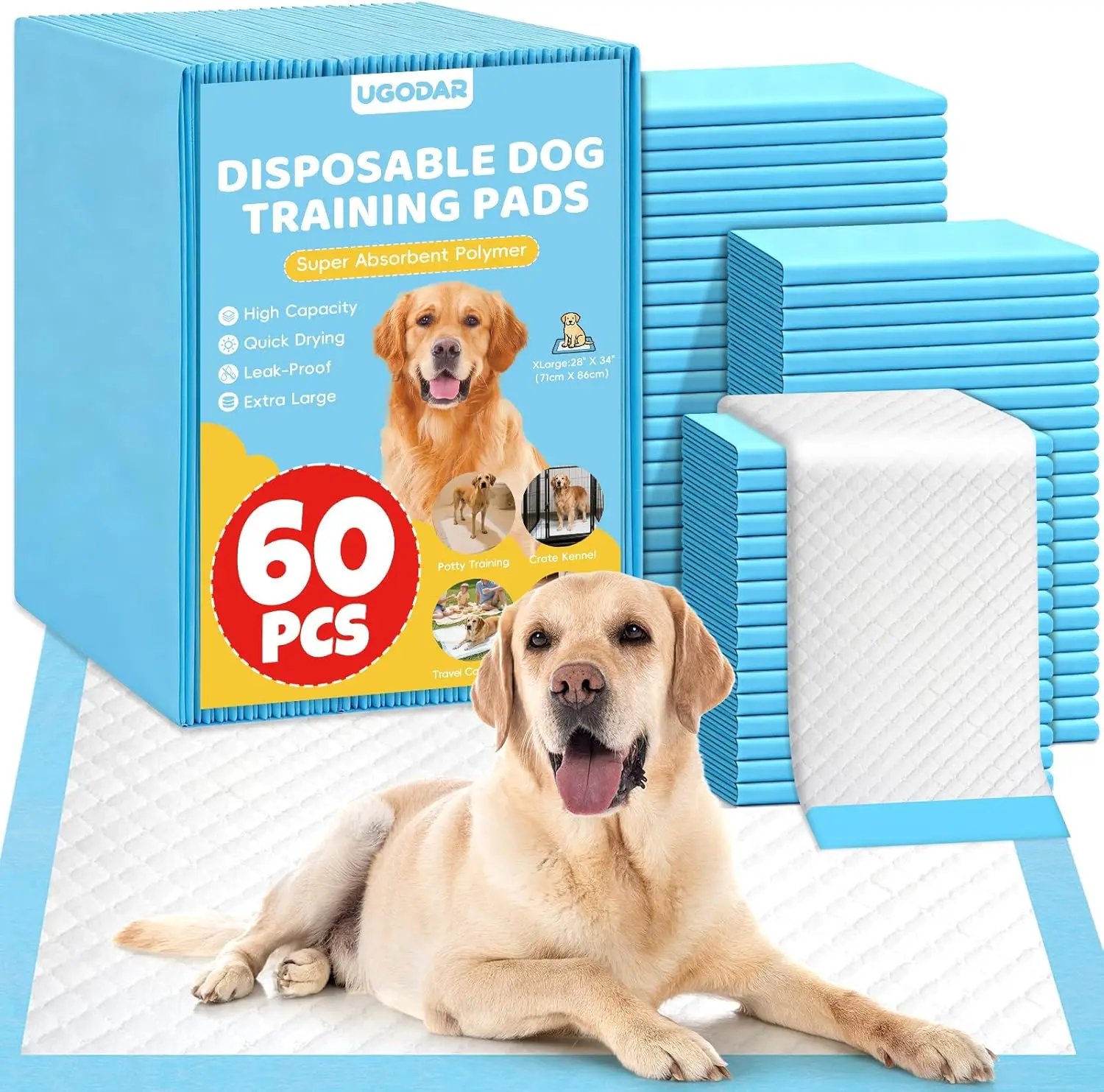 

60 Count Extra Large 34x28 Pet Training Pads Super Absorbent Leak Proof Quick Dry for Indoor Outdoor Use