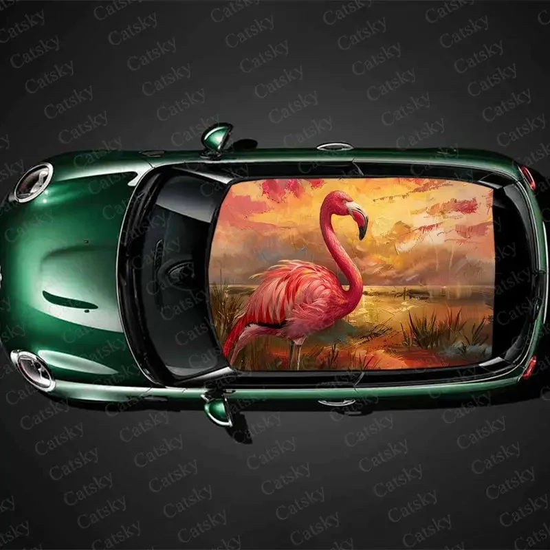 Orange Sunset Flamingo Print Car Roof Sticker Wrap Racing SUV Auto Accessories Packaging PVC Car Hood Graphic Decal Decoration