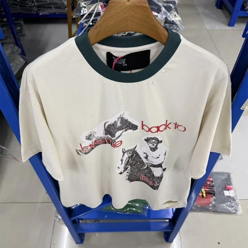 Washed White Paly Hollywood Mens T-Shirts Casual Splice Pure Cotton Oversized Portrait Print T Shirt