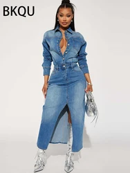 BKQU Denim Dress For Women 2024 Spring Long Sleeve Single Breasted Sexy Split Maxi Dress Fashion Lady Club Streetwear Jean Dress