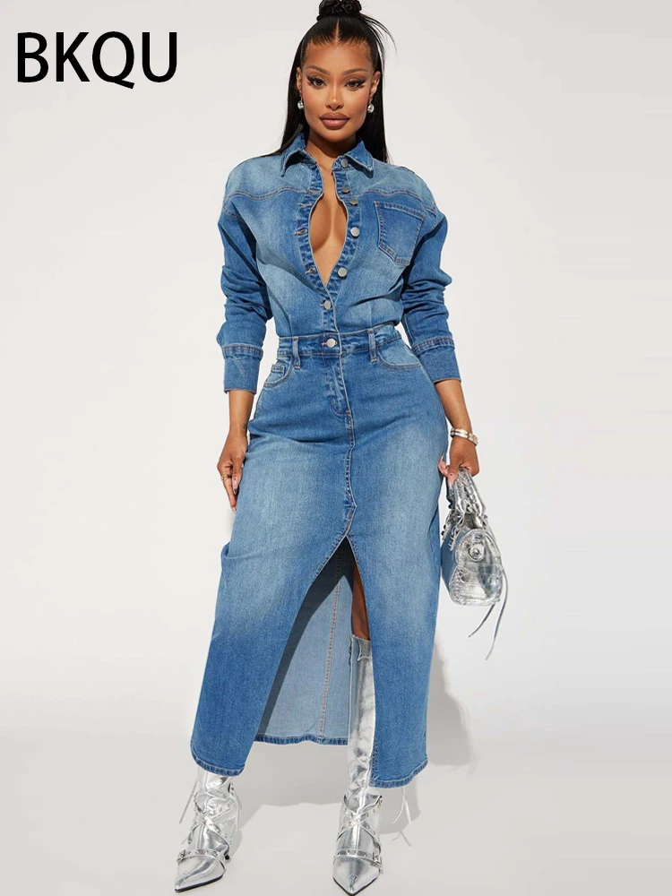 BKQU Denim Dress For Women 2024 Spring Long Sleeve Single Breasted Sexy Split Maxi Dress Fashion Lady Club Streetwear Jean Dress