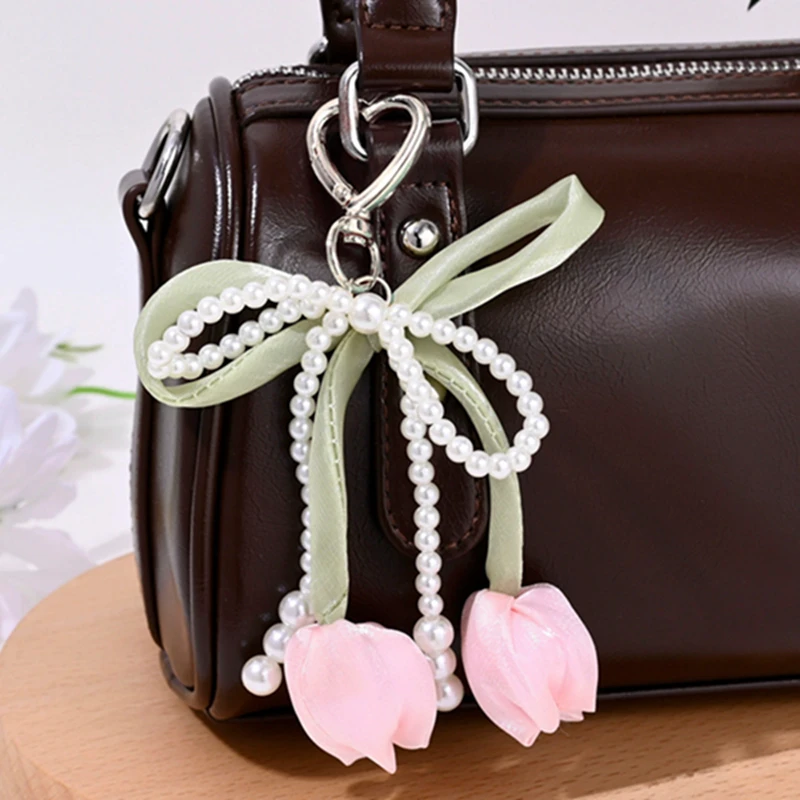 Fashion Ribbon Pearl Lace Bow Bag Accessories Tulip Jewelry Style Mobile Phone Pendant DIY Bag Charm Pendant Bag Charm