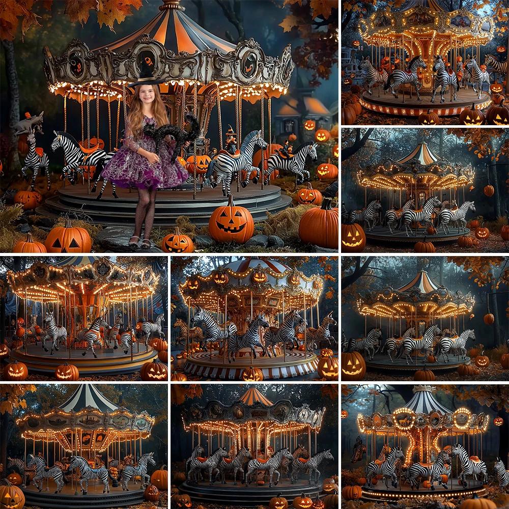 Happy Halloween Photography Background Horror Carousel Children's Park Holiday Decoration Kids Portrait Photo Backdrops Banner