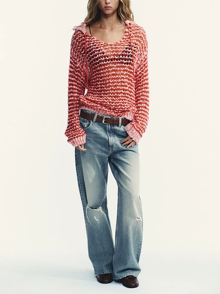 패셔너블하고 달콤하며 섹시한 니트 폴로넥 스웨터 신상품 2025 가을 캐주얼 루즈핏 긴팔 스트라이프 패턴 소녀용