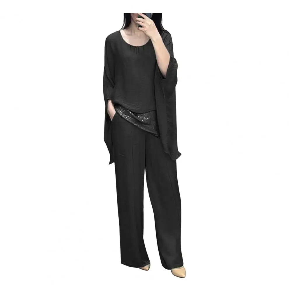 Double-layer Top Suit Stylish Women's Casual Suit with Wide Leg Pants Batwing Sleeve Top for Home Office Party Outfits Summer