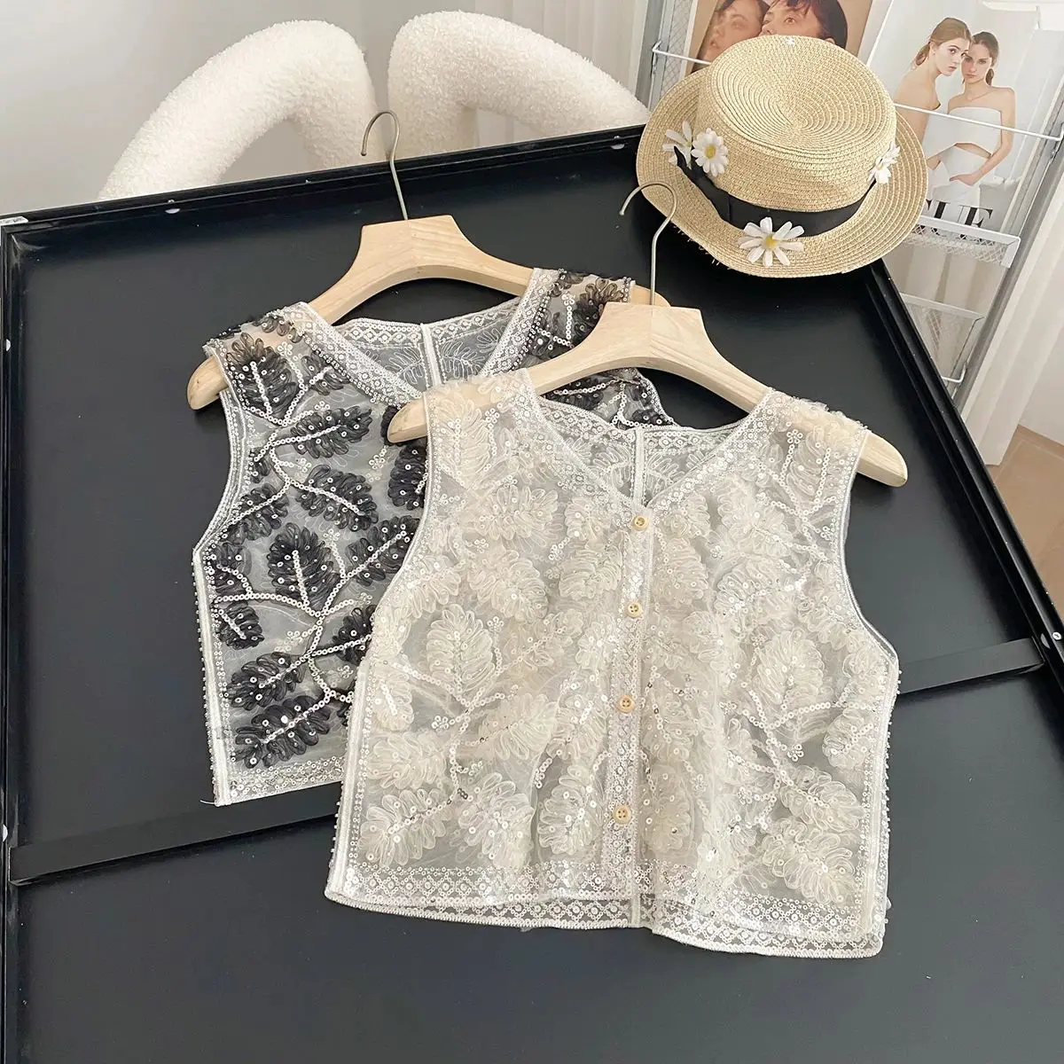 Women Stylish Leaf Embroidery Button Vest Sequin Beaded V-neck Lace-Up French Chic Summer Sleeveless Tank Top Women Outfit