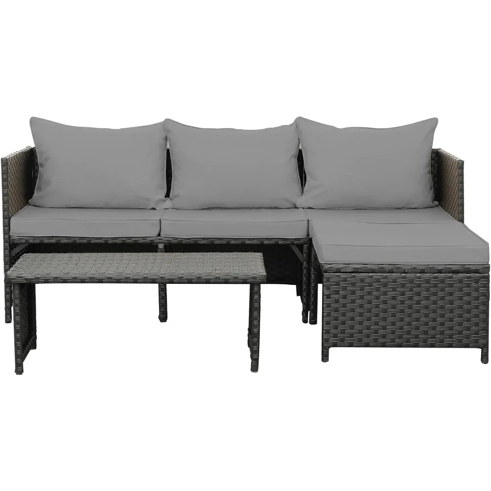 

3-Piece Outdoor PE Rattan Furniture Set, Black Wicker Loveseat Sofa – Gray Cushions, Sectional Conversation Set