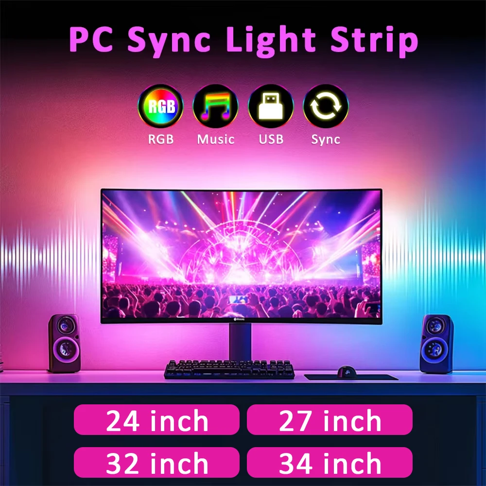 USB 컴퓨터 동기화 조명 스트립 PC 24 27 32 34인치 모니터 RGB 스크린 LED 백라이트 게임방 분위기 장식