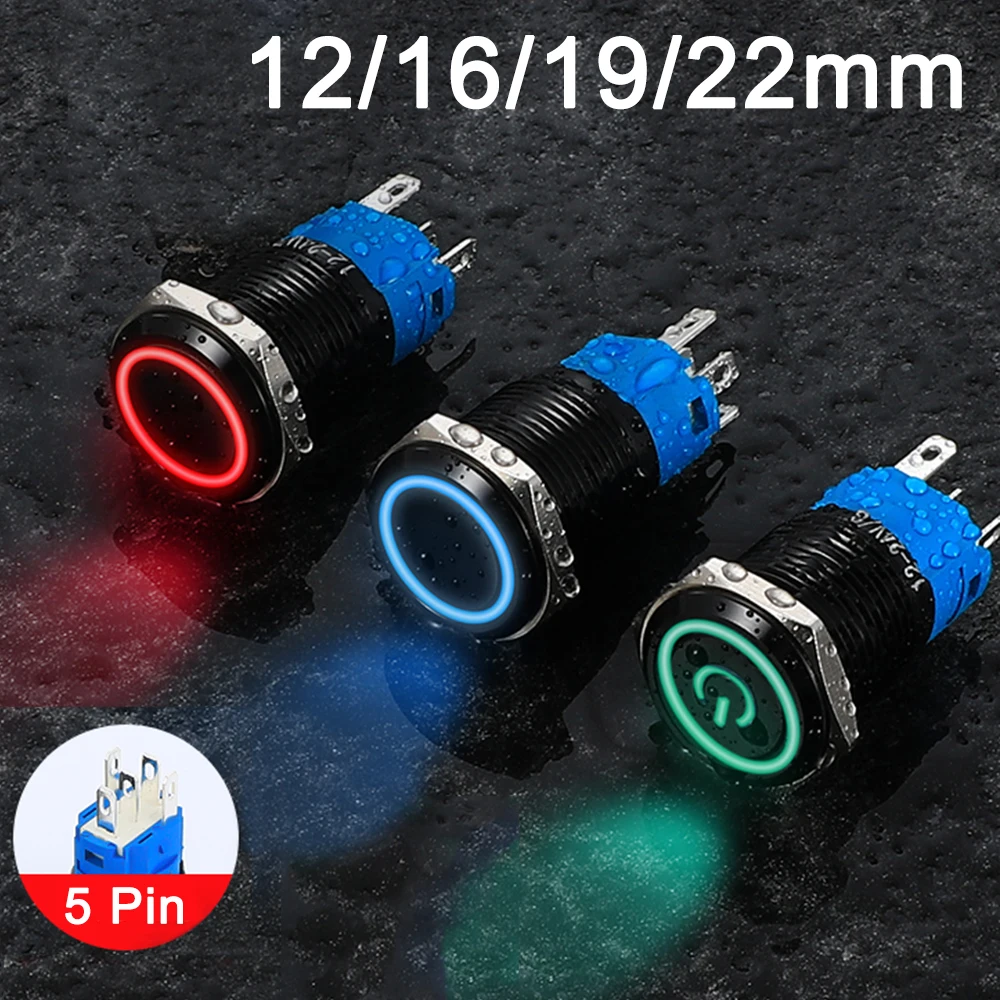 

16/19/22mm Waterproof Metal Push Button Switch Momentary Latching Car Round LED Light Power Symbol 5V 6V 12V 24V 220V Red Blue