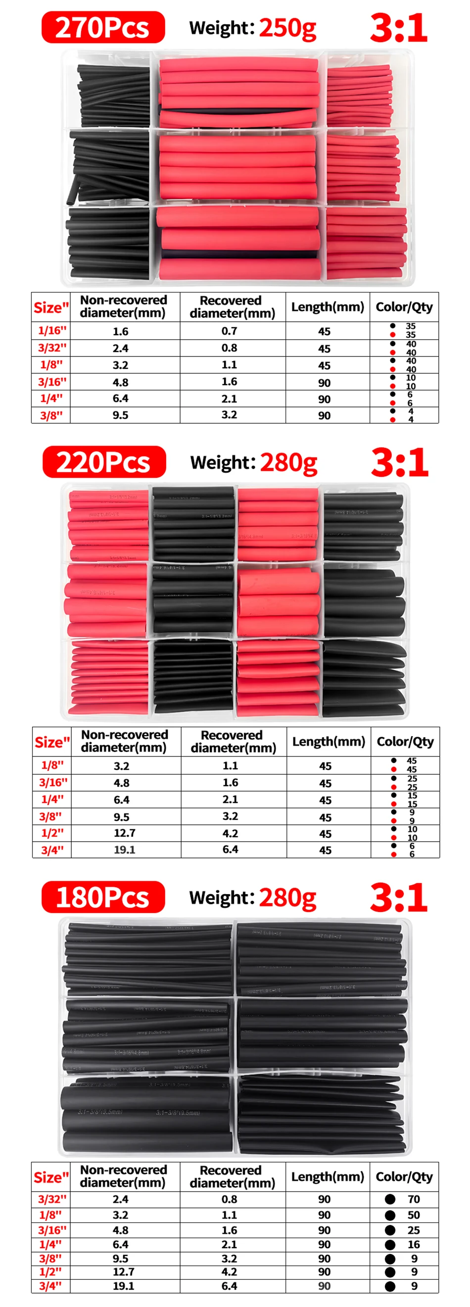 180/220/270/500PCS 3:1 Heat Shrink Tube Shrinking Assorted Polyolefin Insulation Sleeving Wire Cable Sleeves Wrap Pre-Cut T&I Online Store