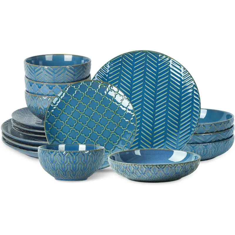 Dinnerware Sets 16-Piece, Ceramic Plates and Bowls Set, Kitchen Dishes Set for 4 for Housewarming Wedding, Service