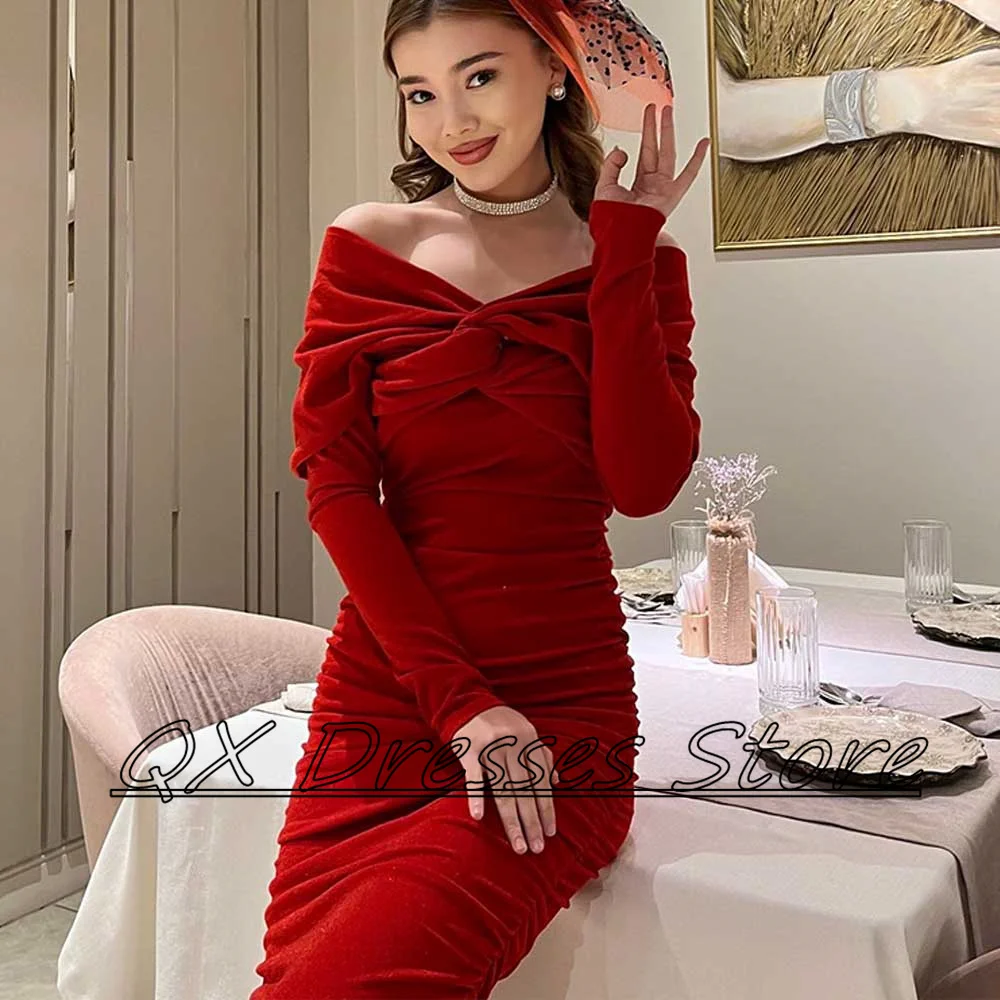 Jersey Sheath Dress For Mother of the Bride Off Shoulder Draped Long Sleeve Simple Evening Gowns Ankle-Length  Dresses