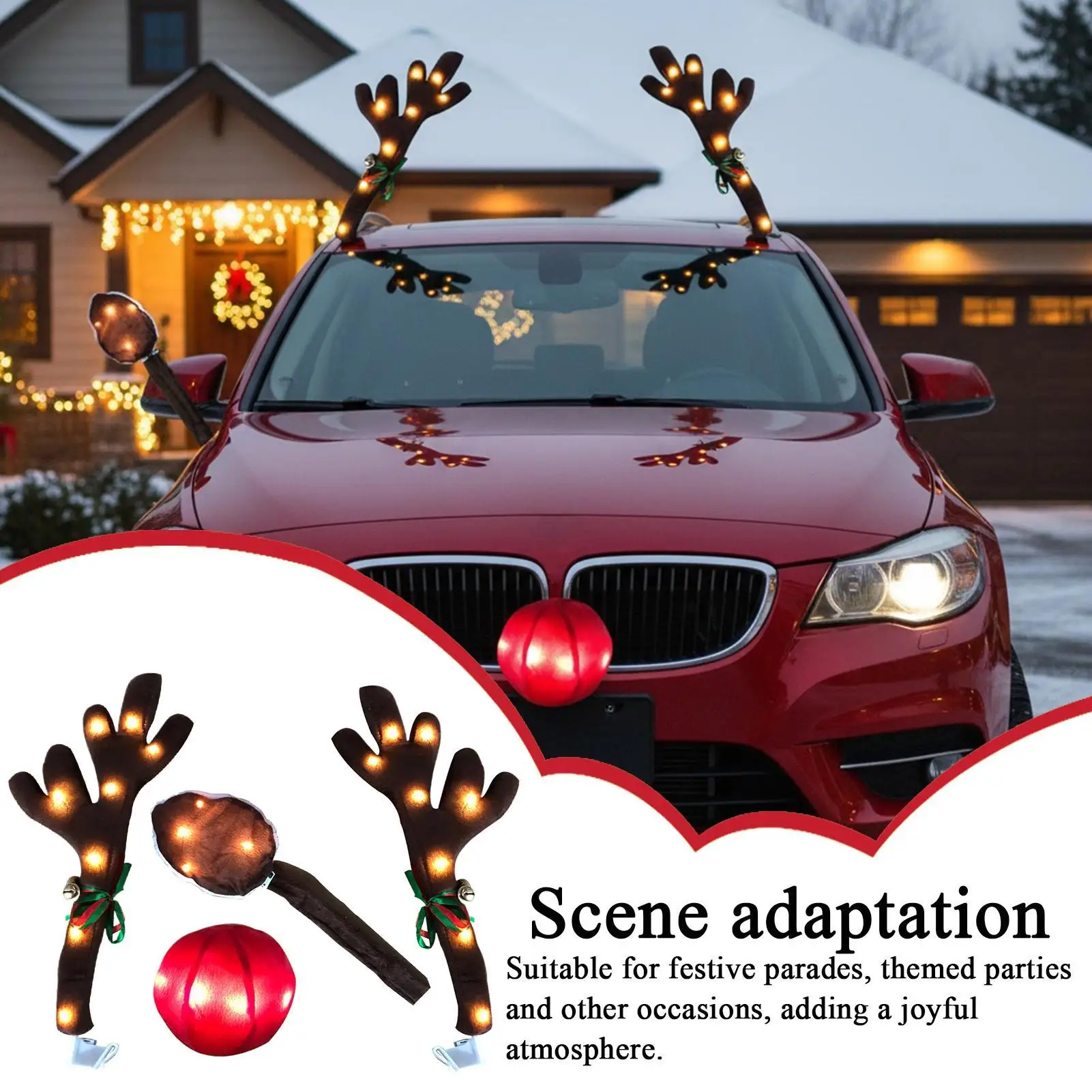 Reindeer Car Antlers Holiday Decoration With LED Lights Reindeer Christmas Decoration For Holiday Van Party Seasonal Celebration
