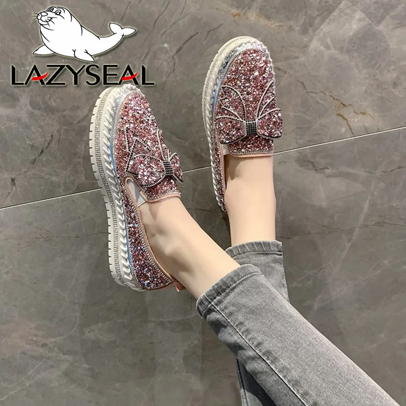 LazySeal Bling Sequine Upper Women Flat Heel Shoe Luxury Butterfly Street Style Casual Footwear Drop Shipping Flats Plus Size 44