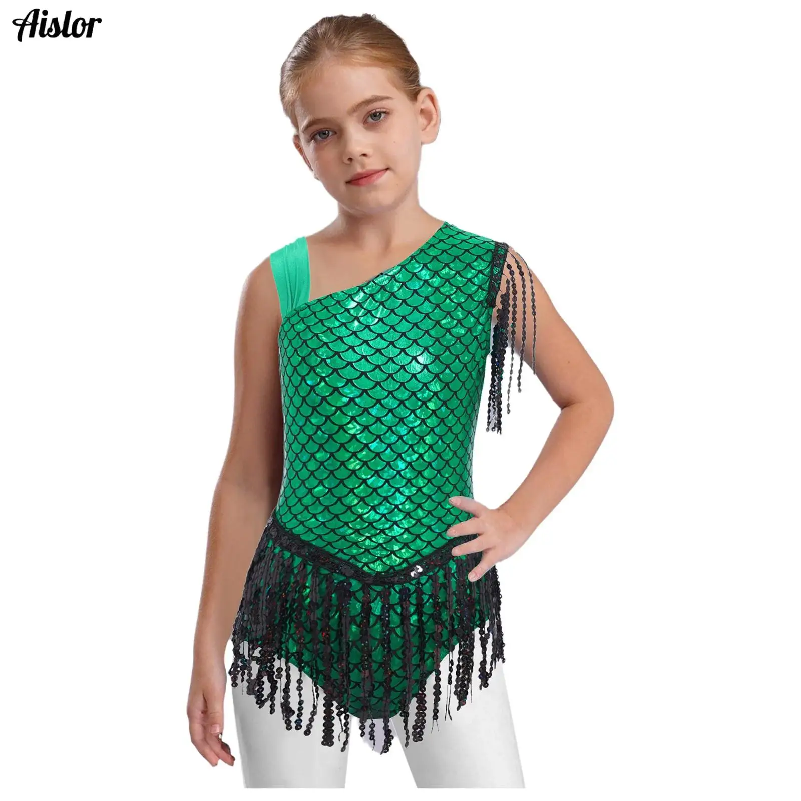 

Kids Girls Metallic Dance Leotard Sparkly Sequins Tassels Fish Scale Bowknot Back Bodysuit for Halloween Theme Party Cosplay