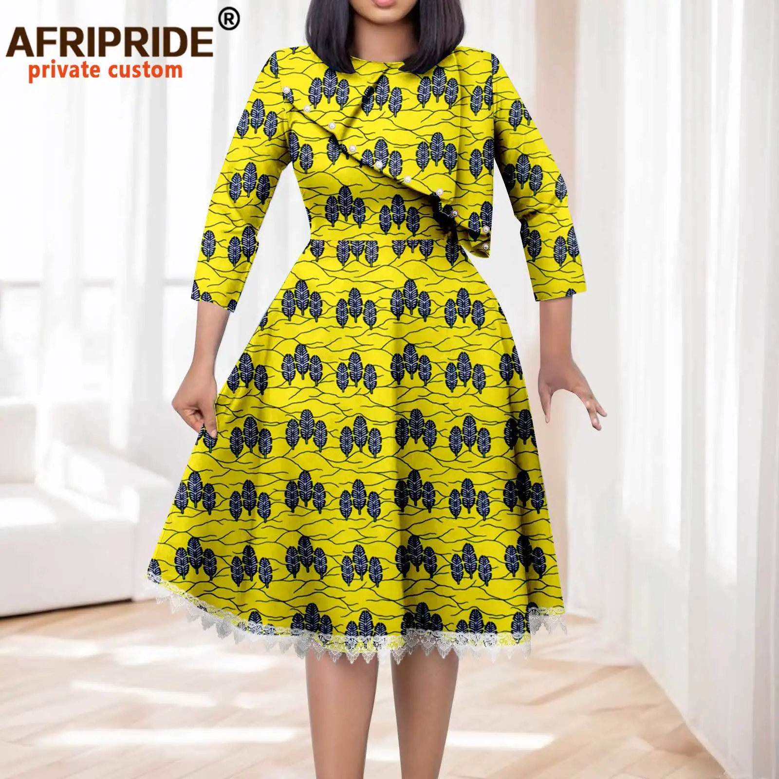 African Dresses for Women O-neck Half Sleeve High Waist Elegant Print Lace Dress Knee Length Dress Party Attire 2525044
