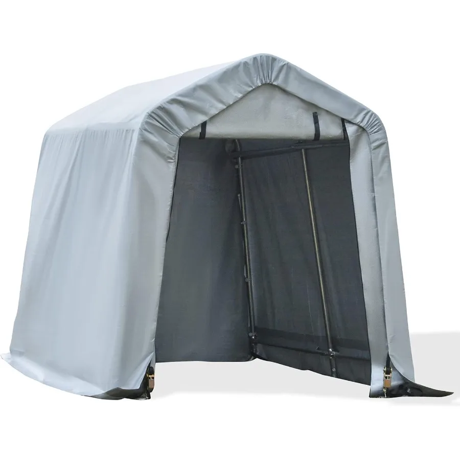 Portable Carport Shelter For Motorcycles Bikes Tools, Heavy Duty Steel Frame With Light Gray UV-Resistant Polyester Canopy, 6'