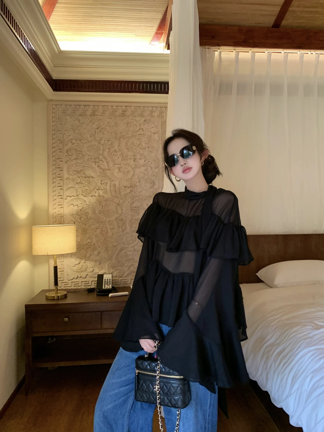 Black Semi-Transparent Lace Sleeve Chiffon Shirt Women's Loose Fitting Oversized Meat Covering High End Feeling Top