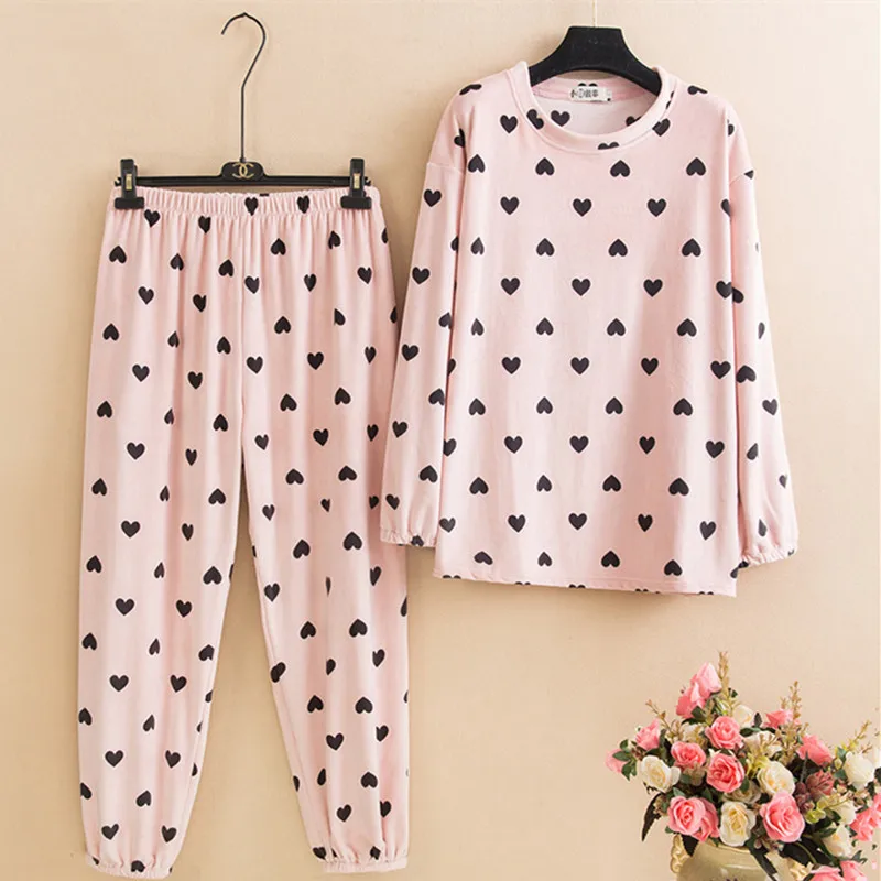 Plus Size Autumn Winter Thicken Warm Sleepwear Set Printed Long Sleeve Velvet Pajamas For Women Home Wear Clothes 4XL 5XL