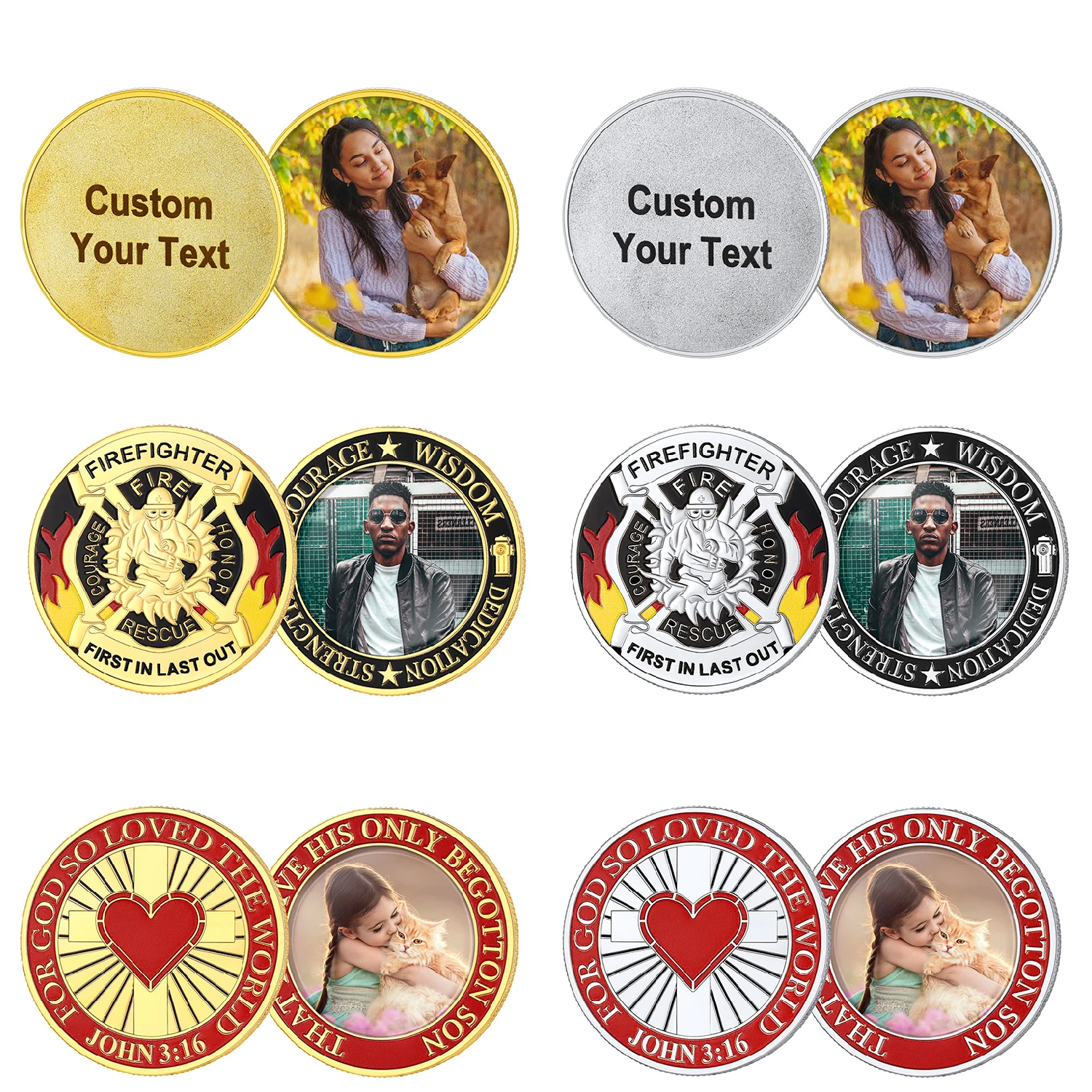 U7 Custom Photo Pocket Coin Text Engraved Firefighter/JOHN 3:16 Red Heart Commemorative Coins Anniversary Memorial Jewelry Gift