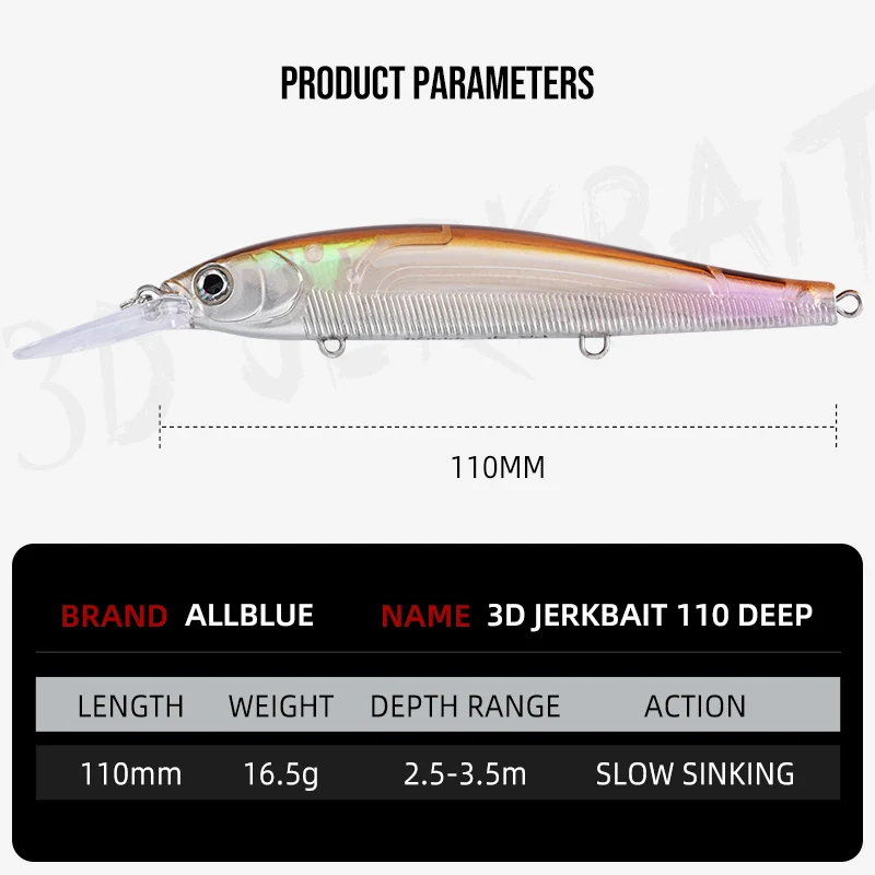 Jerkbait ALLBLUE 3D Deep Wobbler – Hundimiento lento para lubina y lucio - imagen 3