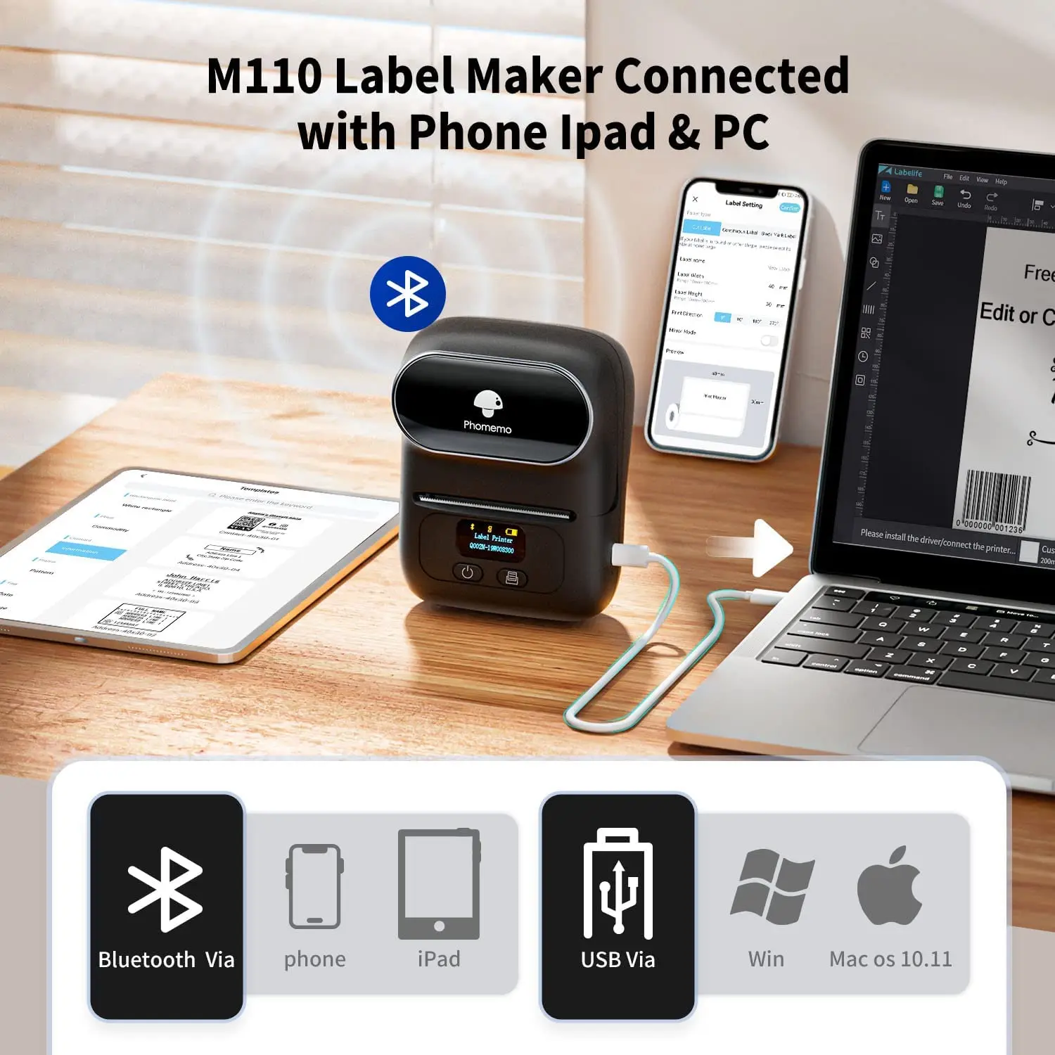 M110 Thermal Label  Printer Label Maker Portable Printer for Small Business Sticker Printer for Phone PC