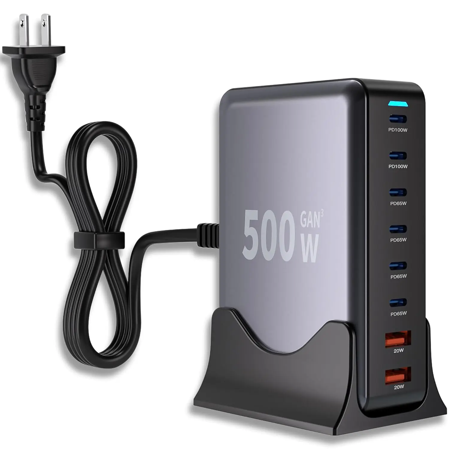 

500W GaN USB C Charging Station with 8 Ports, Dual 100W PD Fast Charger for iPhone, MacBook, iPad - Black
