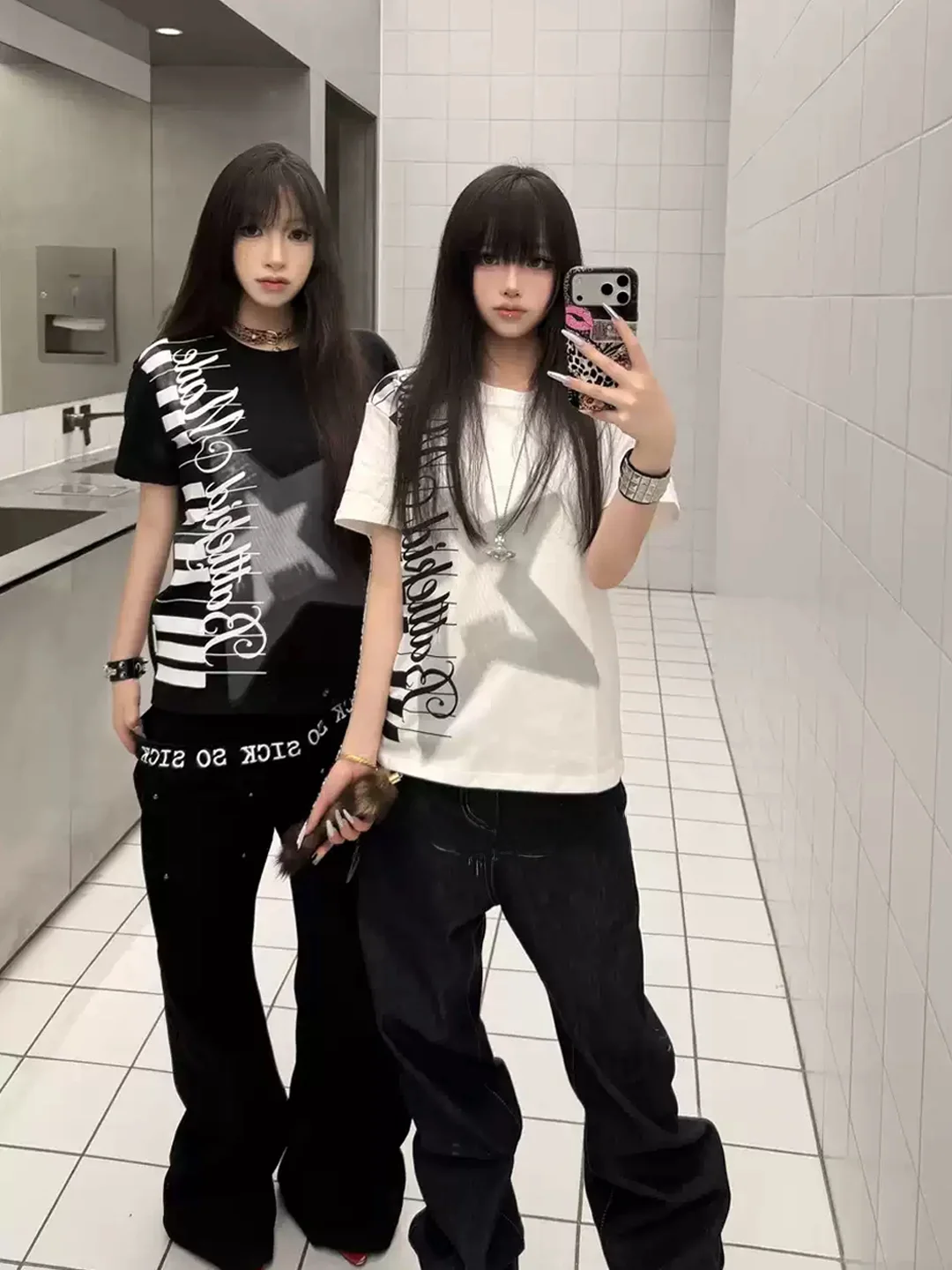American Style Star Guitar Key Print Short Sleeve T-Shirt Women Summer Subculture Couple  High Street Shoulder Top